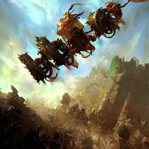 Image similar to a sling machine firing rocks flying, cart wheels, epic fantasy style art by Craig Mullins, fantasy epic digital art