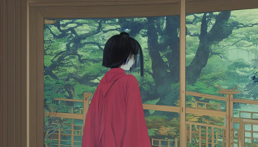 Image similar to painting of a beautiful girl in japan, looking out a window at a temple garden filled with yokai and spirits, uhd, high detail, by ilya kuvshinov