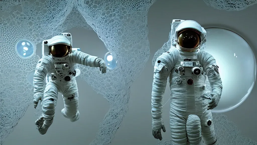 Image similar to a single astronaut eva suit made of diamond 3d fractal lace iridescent bubble 3d skin and covered with insectoid compound eye camera lenses floats through the living room, film still from the movie directed by Denis Villeneuve with art direction by Salvador Dalí, wide lens,