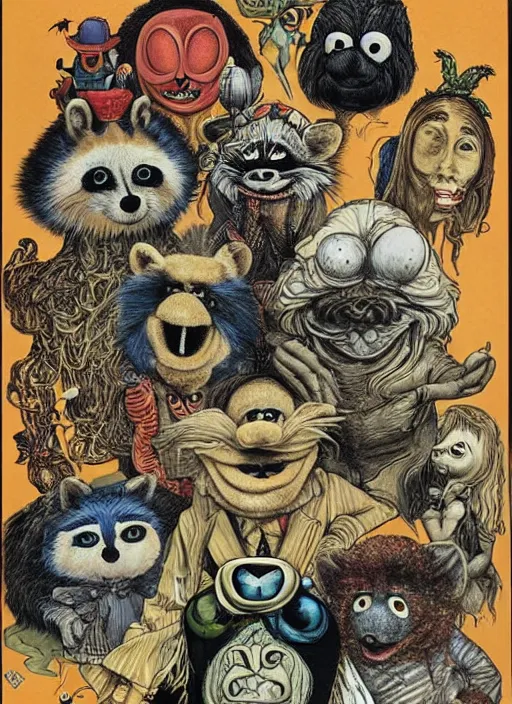 Prompt: portrait of raccoon surfer, amanita muppet punk, basil wolverton, r crumb, hr giger, dali