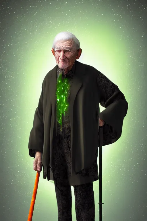 Image similar to portrait of an old man wearing layered black clothes with an elaborate walking stick that emits a soft green glow from an emerald at the top in an orange environment, Atmosphere. Realistic. Concept art. V-ray. Ultra HD. 8K. Sharp details. 50mm. f/3.5.