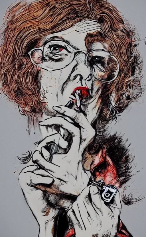 Image similar to woman smoking a cigarette artwork in the style of ralph steadman, 8 k, hyperrealistic, hyperdetailed