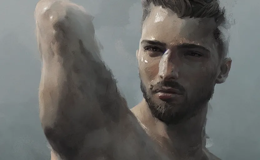 Image similar to a painting of arkul trending on artstation in the style of greg rutkowski, beautiful, male, sensual, natural skin, muscular, stubble