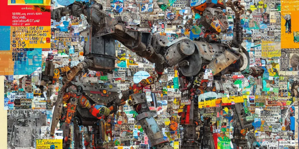 Image similar to colourful giant mecha ROBOT of AJEGUNLE SLUMS of Lagos, writings and markings on robot, magazine collage,