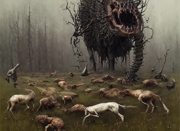 Image similar to annihilation art by jakub rozalski, surreal mythological painting by malczewski, legendary creature and animals heards,