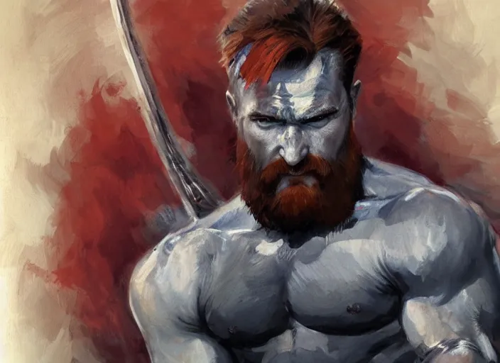 Image similar to a highly detailed beautiful portrait of conan o'brien as kratos, by gregory manchess, james gurney, james jean