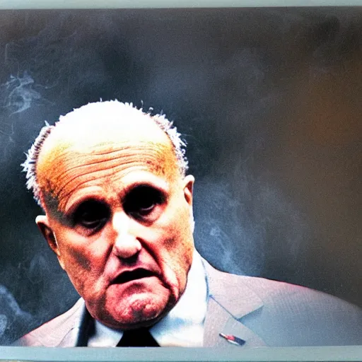 Prompt: closeup hyper detailed portait film color photograph of rudy giuliani looking very upset and frightened covered in white powder holding an envelope