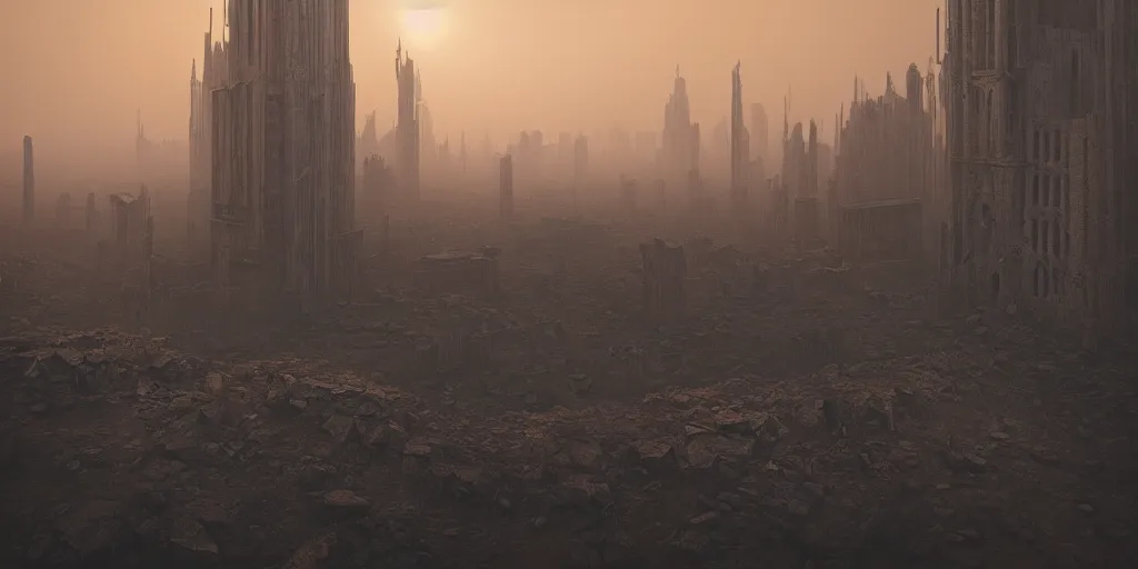 Prompt: tower!!!!!!!!, towers!!!!!!!!, derelict, tall, ancient, atmospheric, beautiful, concept art, desert, civilisation, artstation, hazy, matte painting, highly detailed, volumetric lighting, rays, moody, golden hour, dawn, octane render, digital art, global illumination, city, burning