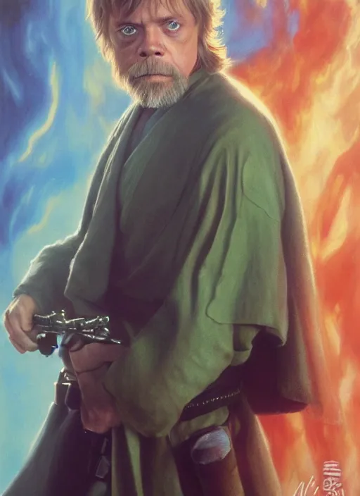 Image similar to beautiful character portrait, mark hamill young as luke skywalker ( from star wars 6 return of the jedi 1 9 8 3 ), ultra realistic, wide angle, intricate details, green smoke, dramatic lighting, highly detailed by peter mohrbacher, magali villeneuve, wayne barlowe, boris vallejo, greg rutkowski, dishonored 2