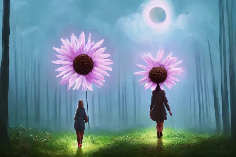 Image similar to giant daisy flower as a head, girl walking in forest, surreal photography, dark night, stars, moon light, impressionist painting, clouds, digital painting, artstation, simon stalenhag