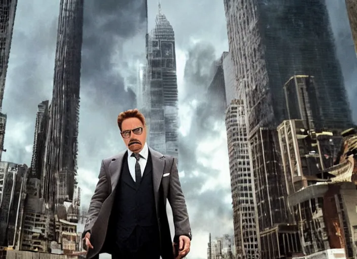 Image similar to film still of Robert Downey Jr as Cobb with the world bending as a series of mirrors in the background in Inception, 4k