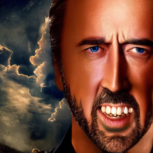 Image similar to the end of the world, shattered earth, judgment day, cinematic, disaster movie, 8k UDH, Upon a Pale Horse, starring Nic Cage, sly smile