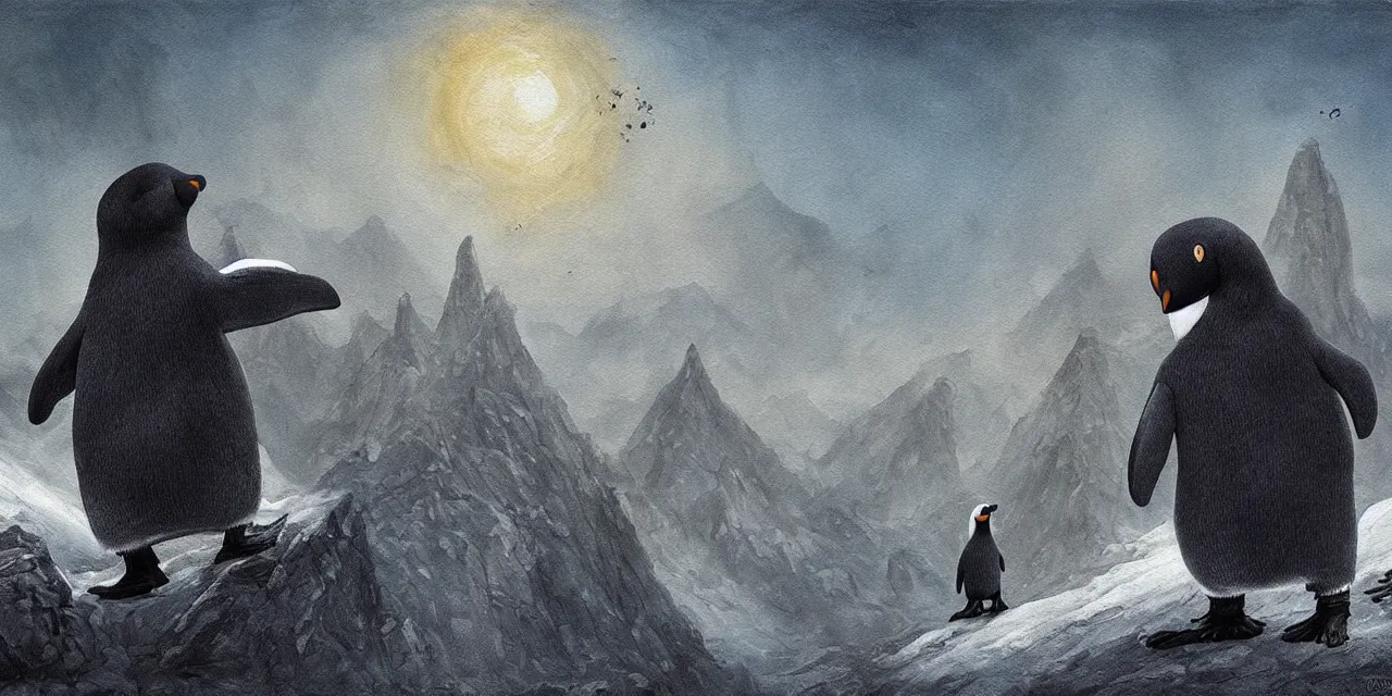 Prompt: epic painting of pingu walking in mordor in the style of John Howe