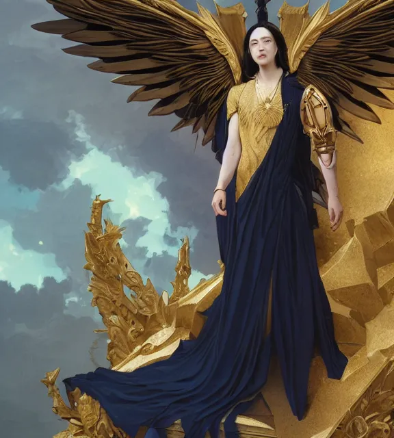 Image similar to god of death, young male, crystal cave background, elegant dark blue dress, very detailed, throne, very intricate details, jewelry, gold eyeshadow, elaborate long black hairstyle, wings, cinematic, artstation, william bouguereau, alphonse mucha, greg rutkowski, rossdraws, octane render