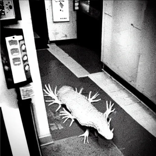 Image similar to “Horrific scrawny cryptid mutant reptilian axolotl escaping from a lab, leaked cctv footage, black and white, night.”