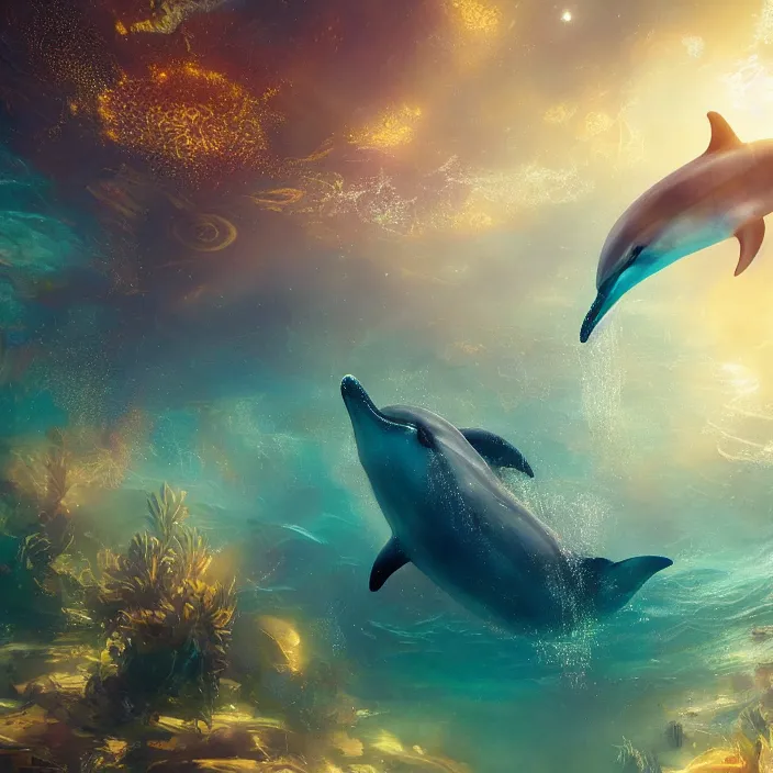 Image similar to dolphin swimming underwater, golden hour, god rays, coral reef, dreamscape by artgerm and ruan jia and ismail inceoglu and greg olsen, cosmos, milky way galaxy, masterpiece, beautiful, intricate, elegant, highly detailed, palm trees