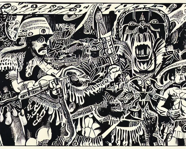 Prompt: ecstatic party in las pozas, mayan jaguar warrior, ink by frank miller and jose guadalupe posada, cut out collage, science fiction fanzine 1 9 6 7