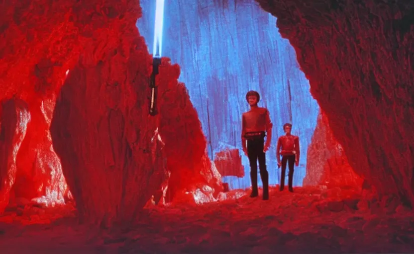 Image similar to screenshot of a crystal cave made of red gemstone kyber crystals, master Luke Skywalker stands in the center of the red cave, iconic scene from the 1970s Star Wars film directed by Stanely Kubrick film, color kodak, ektochrome, anamorphic lenses, detailed faces, moody cinematography