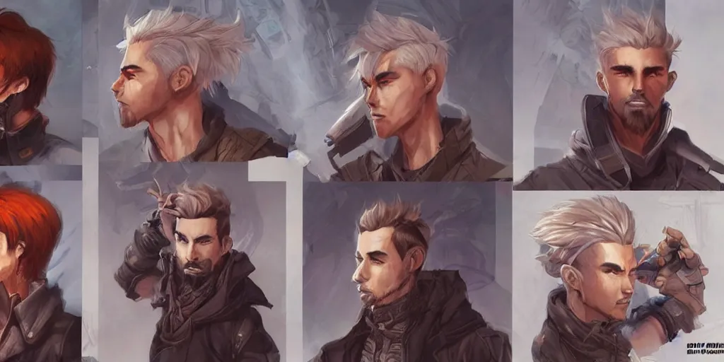 Image similar to concept art of rugged korean male netrunner d & d video game characters head designs, unique hair designs, by marc brunet and artgerm
