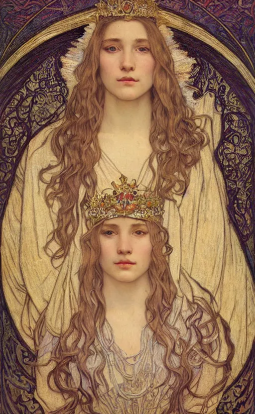 Image similar to detailed realistic beautiful young medieval queen face portrait by jean delville, alphonse mucha, vincent van gogh, and marco mazzoni, art nouveau, symbolist, visionary, gothic, pre - raphaelite