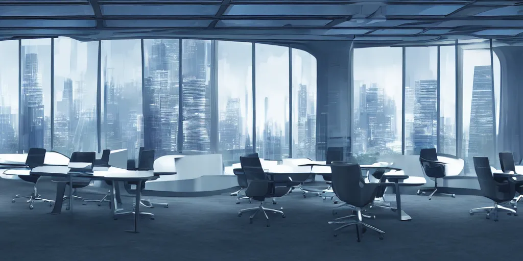 Image similar to an sci - fi futuristic ceo office with levitating chairs, windows of a futuristic city in the background hyper - realistic digital art