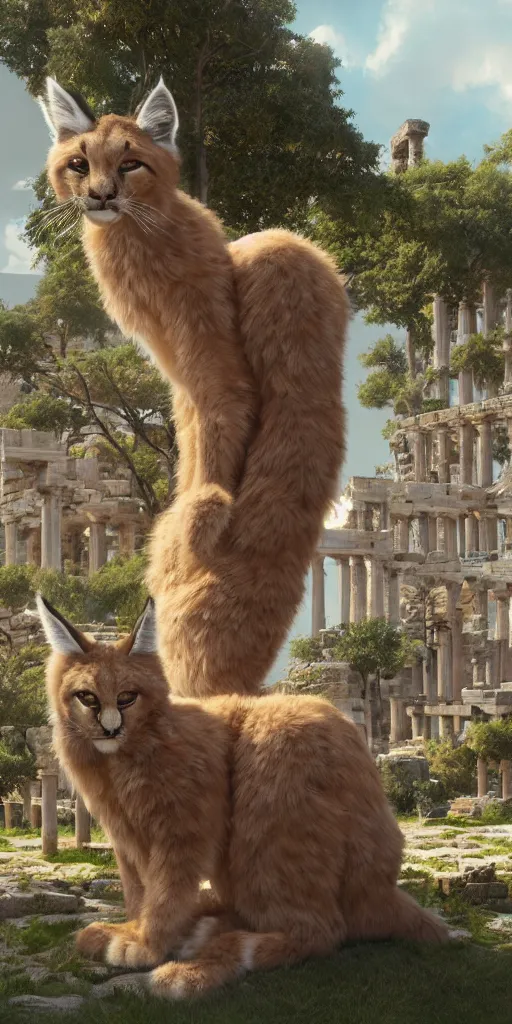 Image similar to fluffy caracals dressed in toga,, ancient greek city, sunny day, by ilya kuvshinov, rtx rendering, octane render 1 2 8 k, maya, extreme high intricate details by tom bagshaw, medium shot, composition by sana takeda, lighting by greg rutkowski