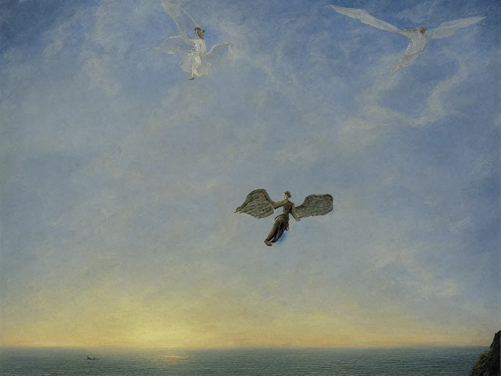 Prompt: thrones angel in the sky flying on the sea painted by caspar david friedrich