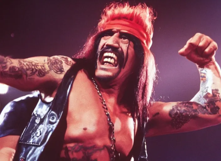 Prompt: publicity photo still of danny trejo in motley crue live on stage 1 9 8 8, 8 k, live concert lighting, mid shot