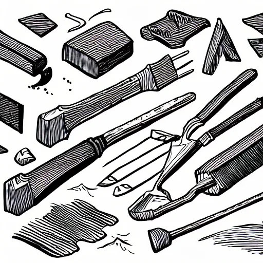 Prompt: black and white ink drawing of isometric garden tools