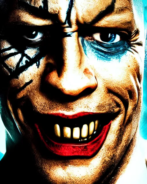 Image similar to Film still close-up shot of Dwayne The Rock Johnson as The Joker from the movie The Dark Knight. Cinematic, Photographic, photography