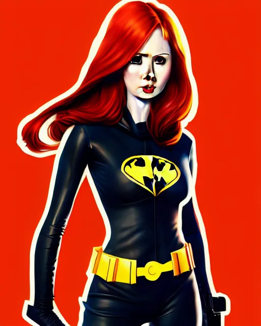 Image similar to Karen Gillan Batgirl, redhead, full body Batgirl costume with cape, no mask, symmetrical face symmetrical eyes, leaping from a building, illustration, artstation, cinematic lighting, hyperdetailed, cgsociety, 8k, high resolution, Charlie Bowater, Tom Bagshaw, Norman Rockwell, insanely detailed and intricate