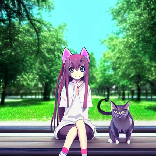 Image similar to 3 d photo of an anime girl with cat ears and long hair looking to her side, sitting on a bench with a park behind her, bokeh, shader, anime art style, highly detailed, cel - shaded, colorful, animated, trending