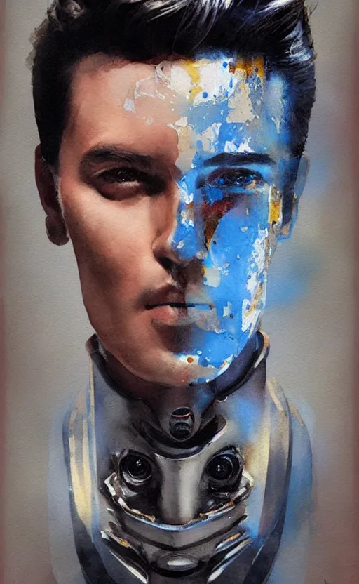 Image similar to a painting a robot with the face of a elvis presley trending on artstation in the style of greg rutkowski, 3 d, watercolor, beautiful, young, portrait