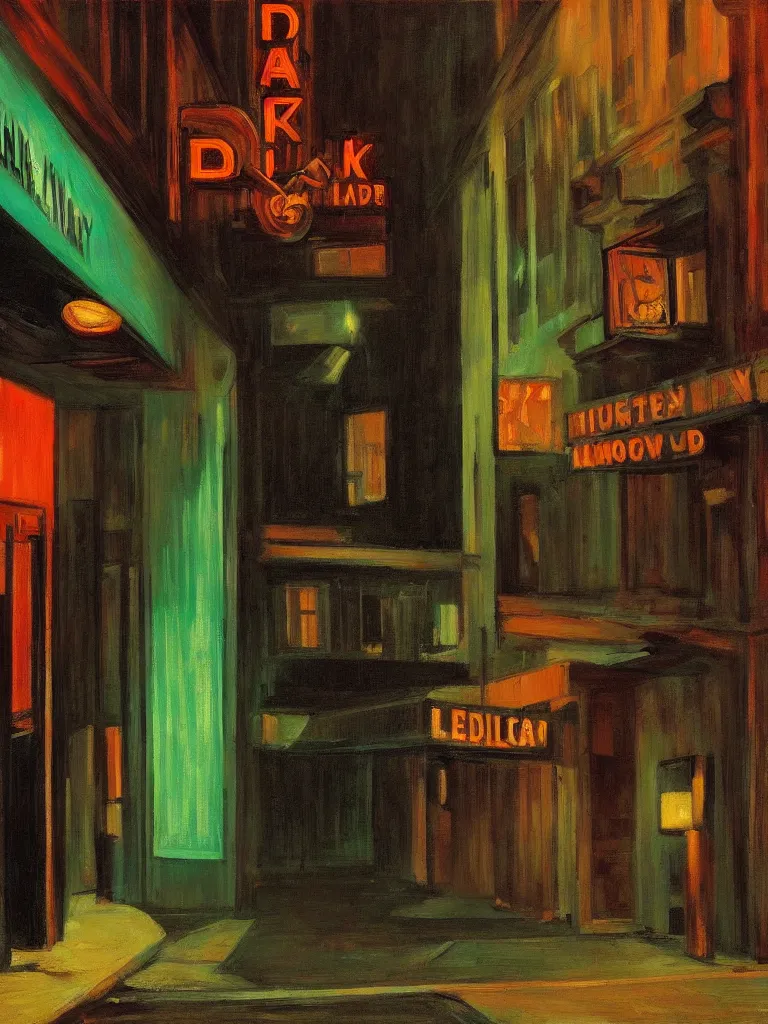 Prompt: a dark alley with abandoned buildings, a nightclub with neon signs by edward hopper