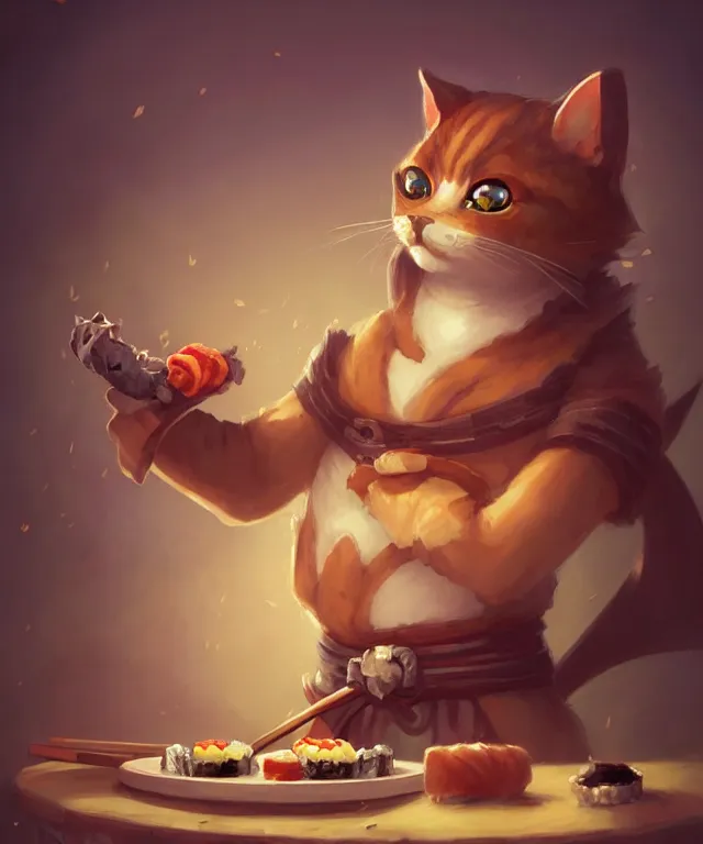 Image similar to a portrait of an anthropomorphic ninja cat eating sushi,, standing in a restaurant surrounded by mice!, cute and adorable, dnd character art portrait, well rendered matte fantasy painting, deviantart artstation, by jason felix by steve argyle by tyler jacobson by peter mohrbacher, cinematic lighting