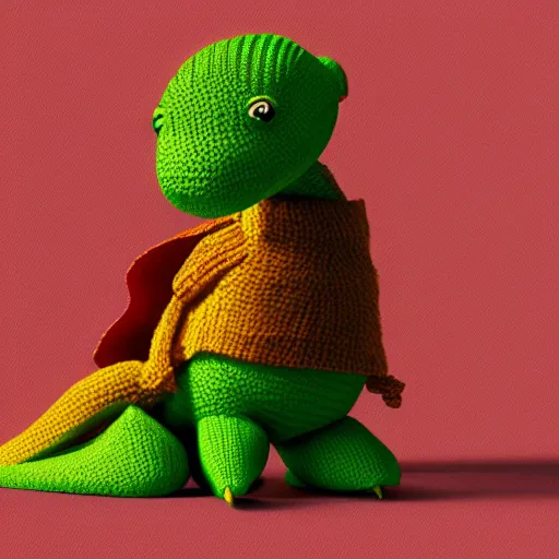 Image similar to super cute sad dinosaur made out of sweaters and yarn octane rendering vivid cinematic lighting 4k