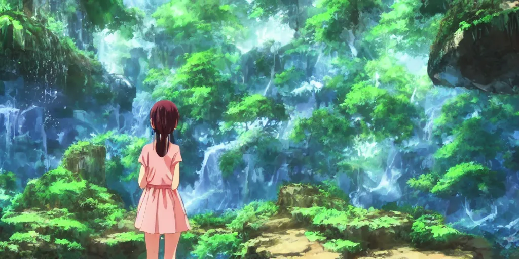 Image similar to anime girl looking into large cave entrance in a lush forest with waterfalls, beautiful ambiance, studio ghibli style, by hayao miyazaki, sharp focus, highly detailed, 4k