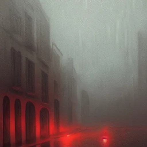 Prompt: A dark painting of a city shrouded in fog and illuminated by red streetlights, abandoned buildings, view from the street, by Greg Rutkowski, trending on artstation