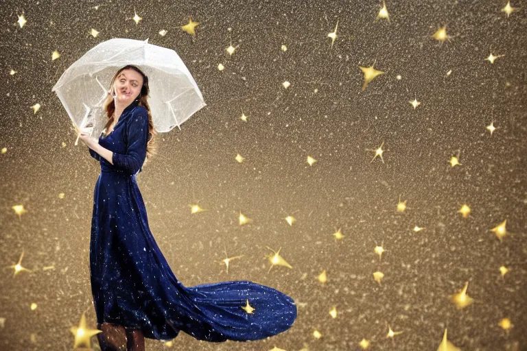 Image similar to woman in dark blue dress with gold stars rain, XF IQ4, 150MP, 50mm, f/1.4, ISO 200, 1/160s, natural light, Adobe Photoshop, Adobe Lightroom, DxO Photolab, Corel PaintShop Pro, rule of thirds, symmetrical balance, depth layering, polarizing filter, Sense of Depth, AI enhanced