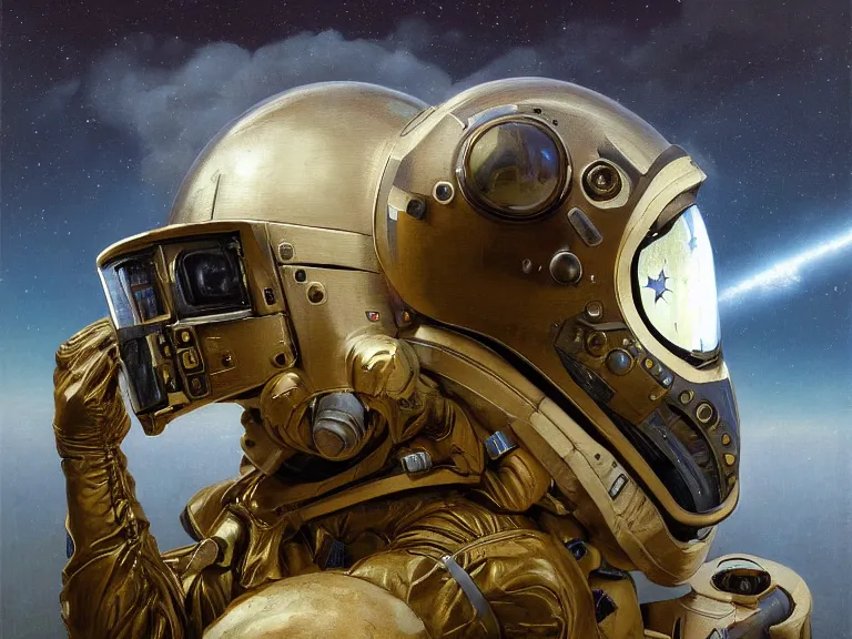 Image similar to a detailed profile oil painting of a lone shock trooper in a spacesuit with reflective helmet, technology flight suit, bounty hunter portrait symmetrical and science fiction theme with lightning, aurora lighting clouds and stars by beksinski carl spitzweg and tuomas korpi. baroque elements, full-length view. baroque element. intricate artwork by caravaggio. Trending on artstation. 8k