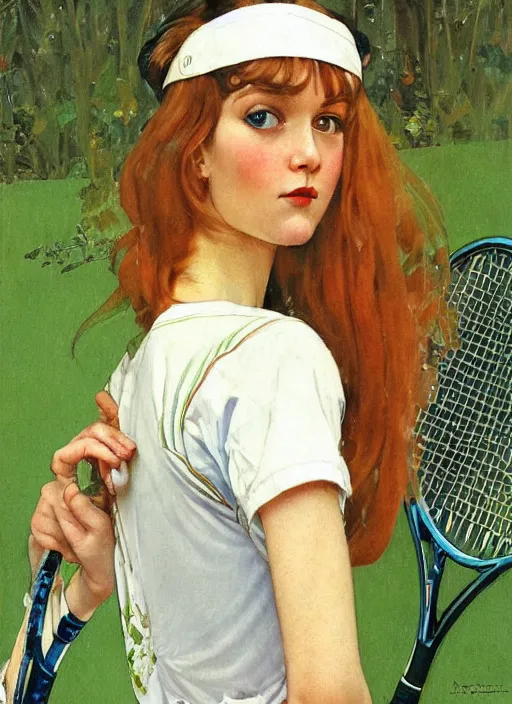 Image similar to a copic maker art nouveau portrait of a russian beautiful skinny girl with sad face wearing a tennis player outfit from lacoste by john berkey norman rockwell