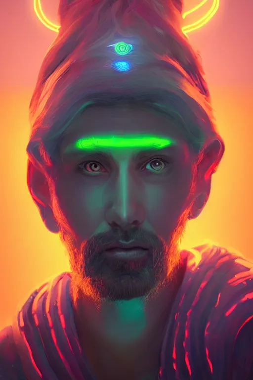 Prompt: Digital portrait of mystical god of fantasy realm with neon glowy eyes, hyperdetailed, artstation, concept art, smooth, gorgeous volumetric lighting, in style of simon stalenhag, stunning portrait, 4k