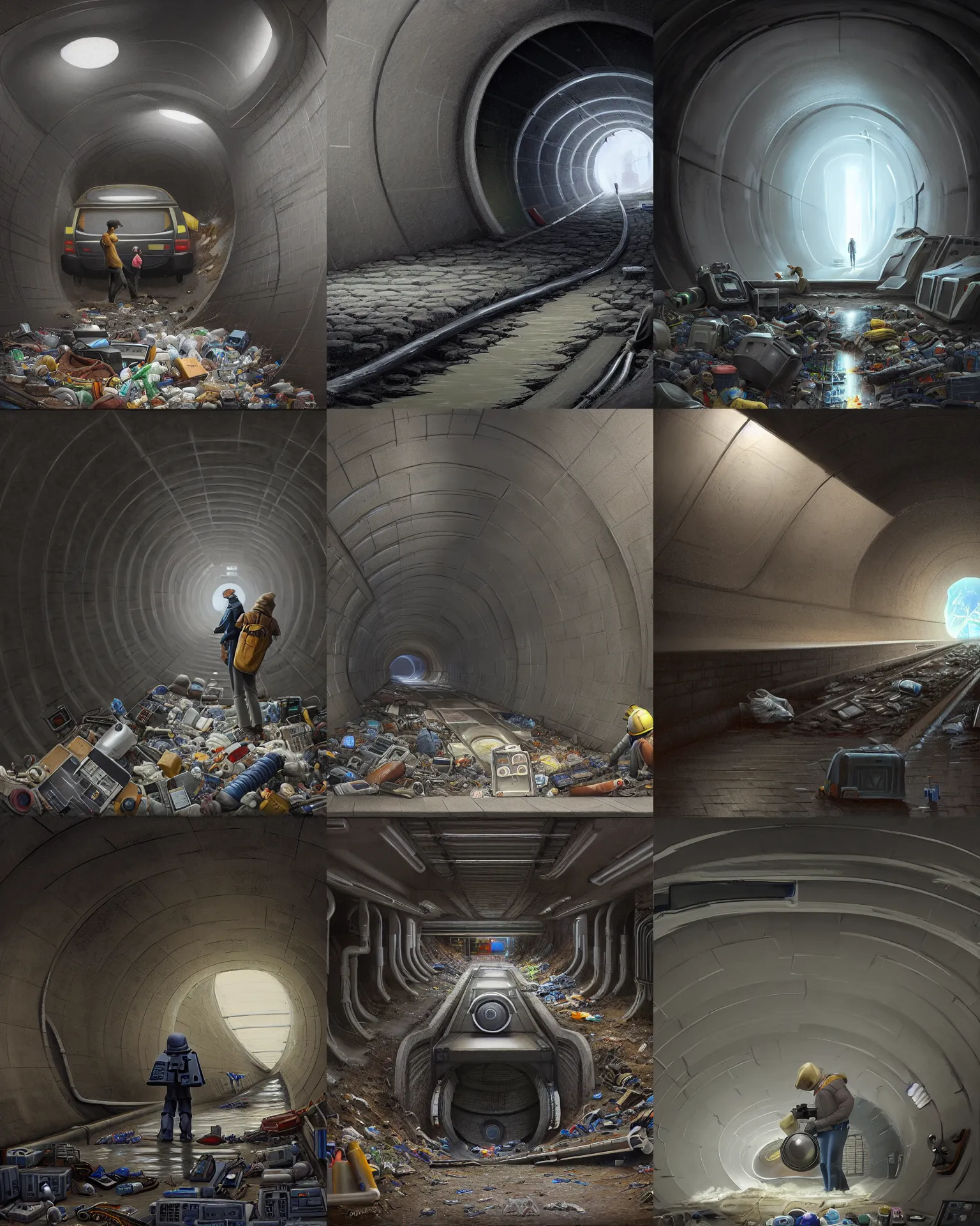 Prompt: ralph mcquarrie detailed digital painting of someone in a very large underground storm sewer, a massive mountain of electronics as trash in the underground storm sewer, cinematic shot, very detailed, maximalism, unreal engine, hyper realism, realistic shading, cinematic composition, blender render, octane render, hdr, detailed textures, photorealistic, very wide shot, 1 6 mm lens