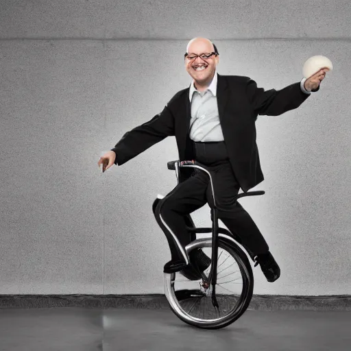 Prompt: george costanza riding a unicycle and juggling, joyful smile on face, spotlight lighting, professional photograph, 4 k