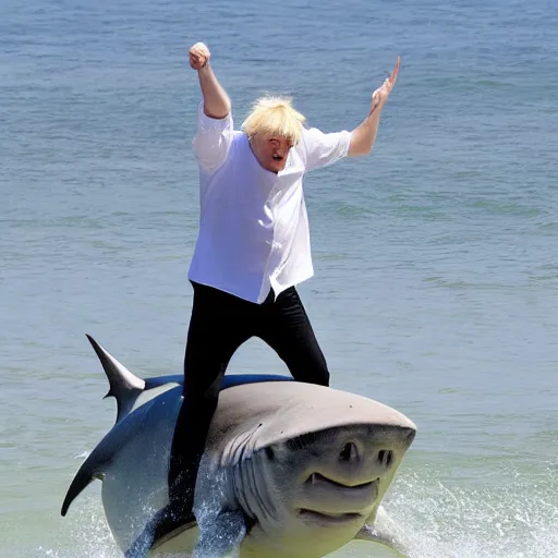 Image similar to boris johnson riding a shark at the beach