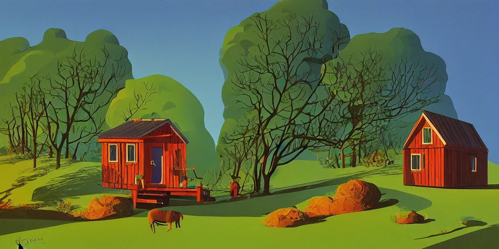 Prompt: tiny house in a small regenerative farm, gouache, animated film, stylised, illustration, by eyvind earle, scott wills, genndy tartakovski, syd mead