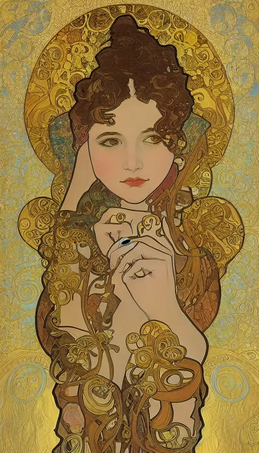 Prompt: a combination of the art styles of Alphonse Mucha and Gustav Klimt, gold leaf with pastel colors