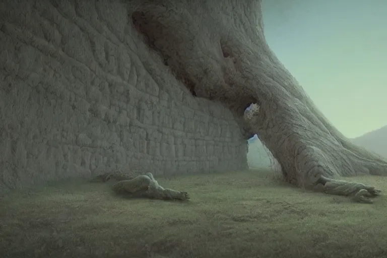 Image similar to CGSOCIETY, CGI, HYPER REALISTIC VFX SIMULATION of one of ZDZISŁAW BEKSIŃSKI'S works, HIGHLY INTRICATELY DETAILED 3D OCTANE RENDER