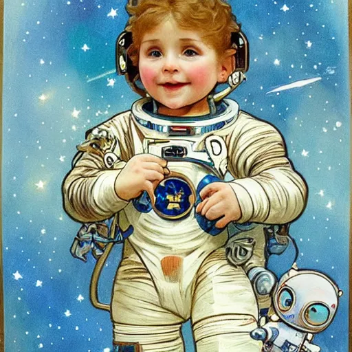 Image similar to a cute little girl with a round cherubic face, blue eyes, and short wavy light brown hair smiles as she floats in space with stars all around her. she is an astronaut, wearing a space suit. beautiful painting with highly detailed face by alphonse mucha and quentin blake