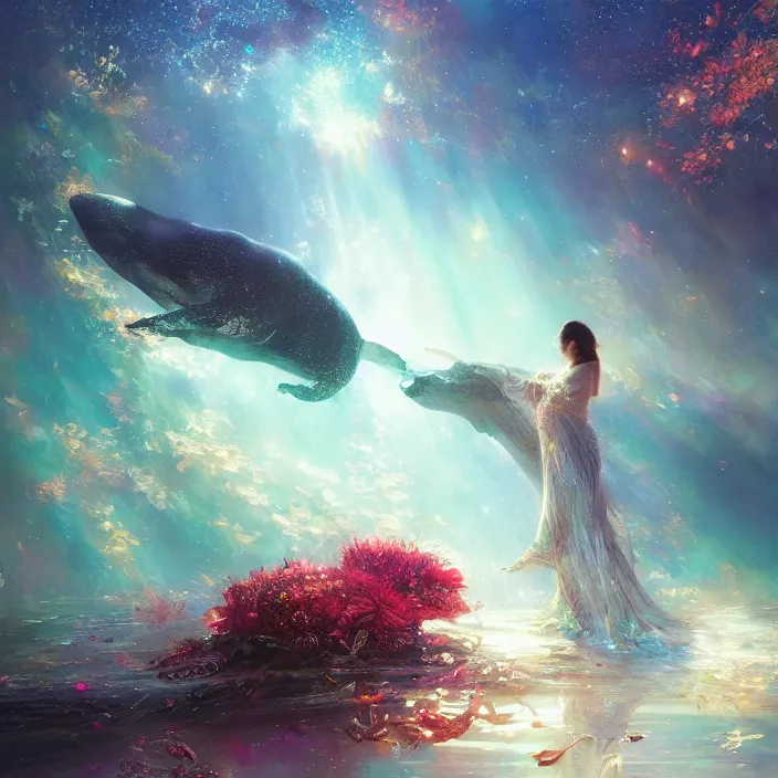 Image similar to enormous glimmering whale tale, flowing dress, flowers, cosmos, milky way galaxy, golden hour, god rays, coral reef, dreamscape by artgerm and ruan jia and ismail inceoglu and greg olsen, masterpiece, beautiful, intricate, elegant, highly detailed